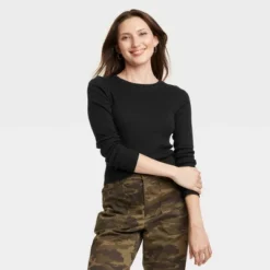 Universal Thread™ Women's 2pk Long Sleeve Shrunken Rib T-Shirts - White & Black