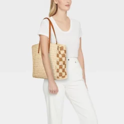 Universal Thread™ Straw Packable Checker Boxy Tote Handbag - Beige