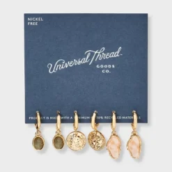 Universal Thread Gold Labradorite Stone and Coin Hoop Earring Set, 3-Piece