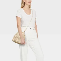 Universal Thread™ Straw Beaded Drawstring Crossbody Bag - Light Beige