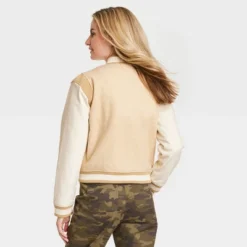 Universal Thread Women's Shrunken Varsity Jacket with Faux-Leather Sleeves